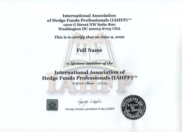 Lifetime Membership, International Association of Hedge Funds Professionals (IAHFP)